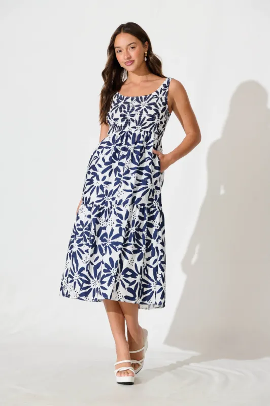 Caribbean Midi Dress In White with Navy Flower sold by St Frock