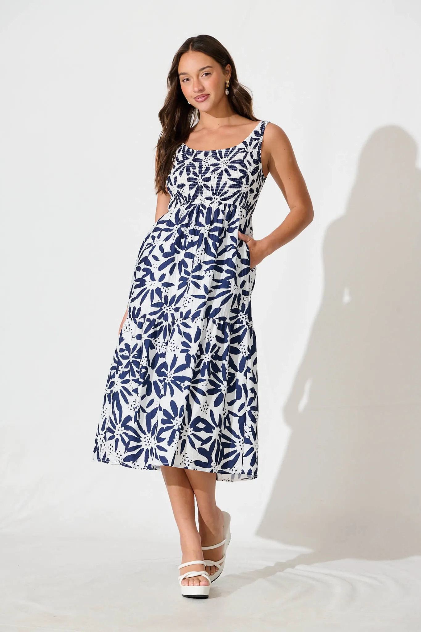 Caribbean Midi Dress In White with Navy Flower sold by St Frock
