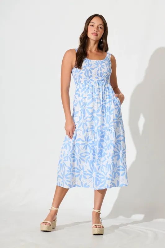 Caribbean Midi Dress In White with Blue Flower sold by St Frock