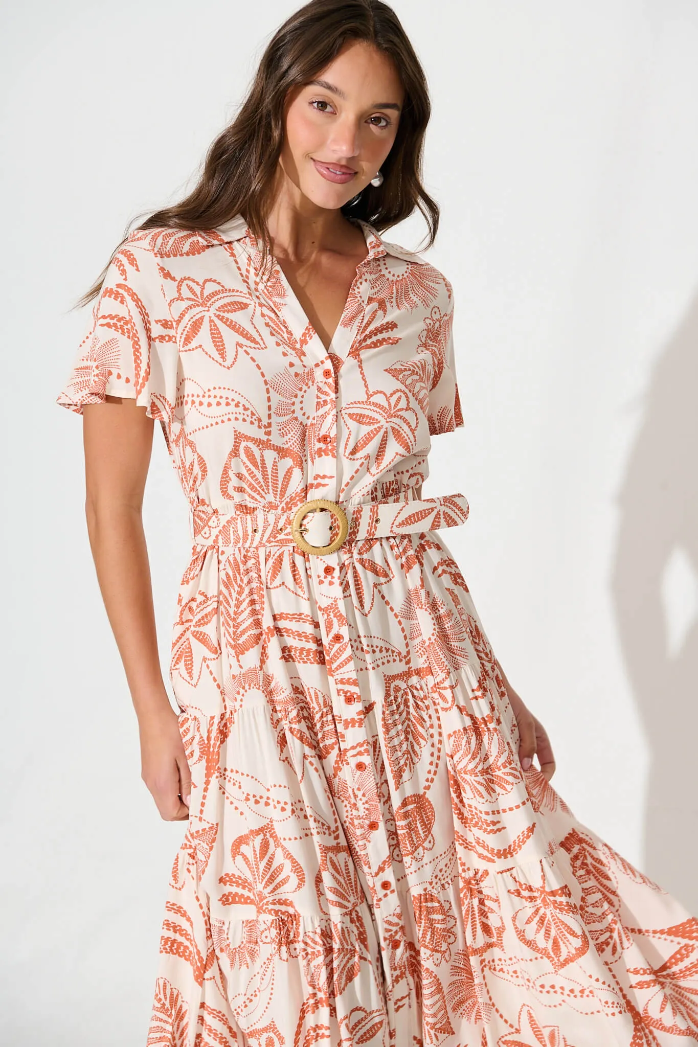 Samsara Midi Shirt Dress in Cream with Rust sold by St Frock product image thumbnail 2