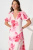 Annina Midi Wrap Dress in White with Pink Floral Linen Blend sold by St Frock