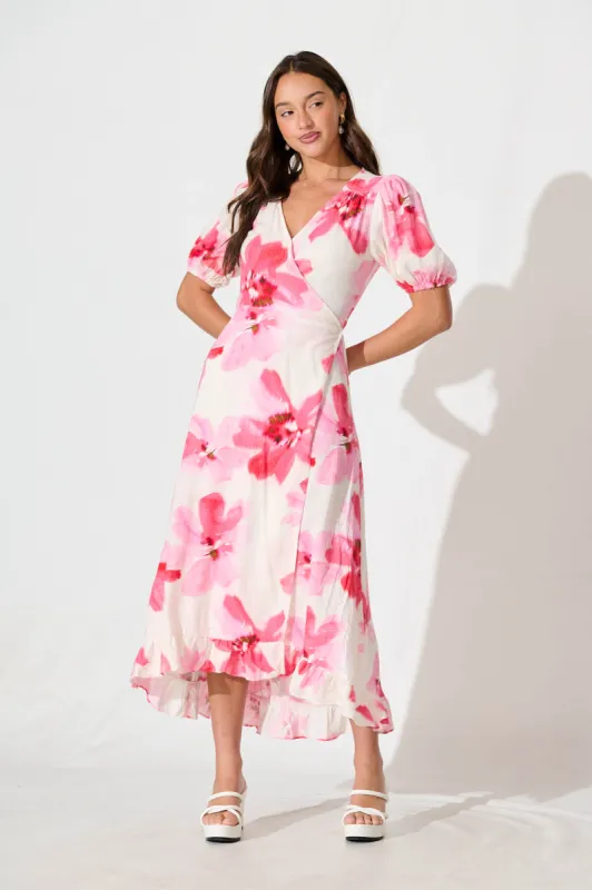 Annina Midi Wrap Dress in White with Pink Floral Linen Blend sold by St Frock