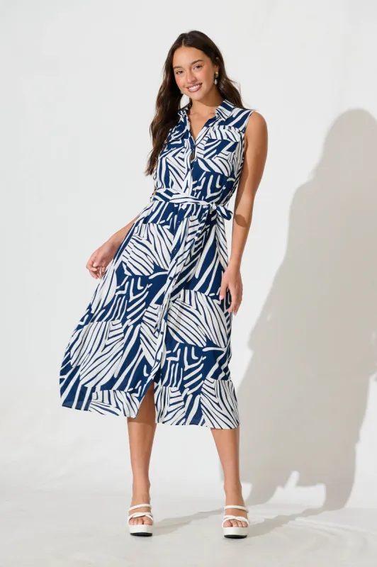Lahira Midi Shirt Dress in Navy with White Print sold by St Frock