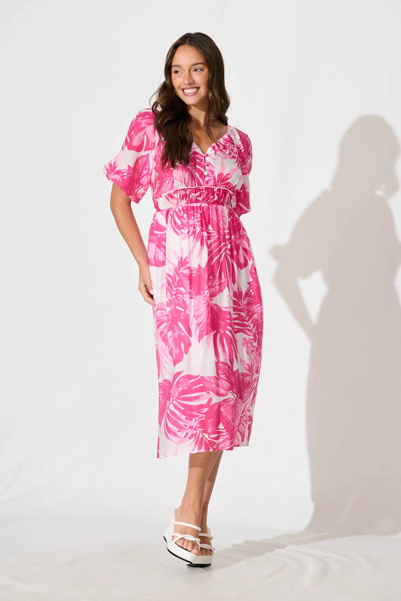 Lavita Midi Dress in Pink Leaf Print sold by St Frock