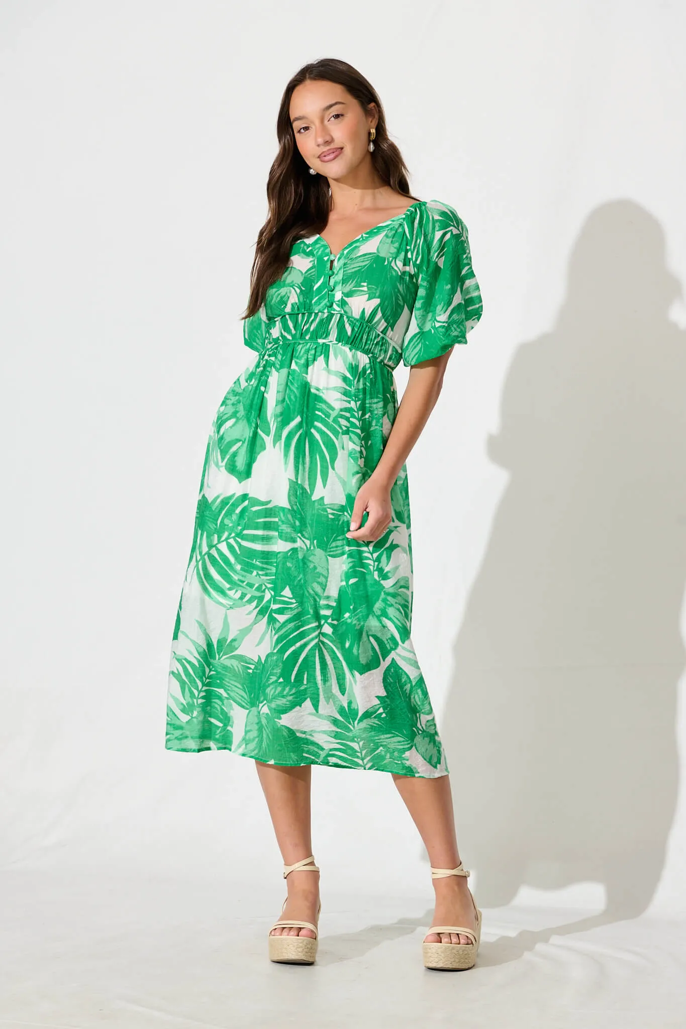 Lavita Midi Dress in Green Leaf Print sold by St Frock