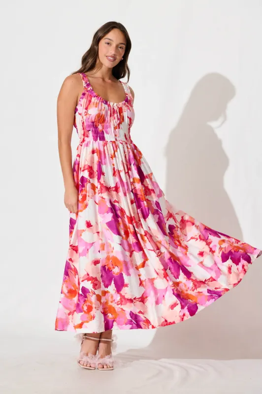 Valentina Maxi Sundress in White With Pink Multi Floral sold by St Frock