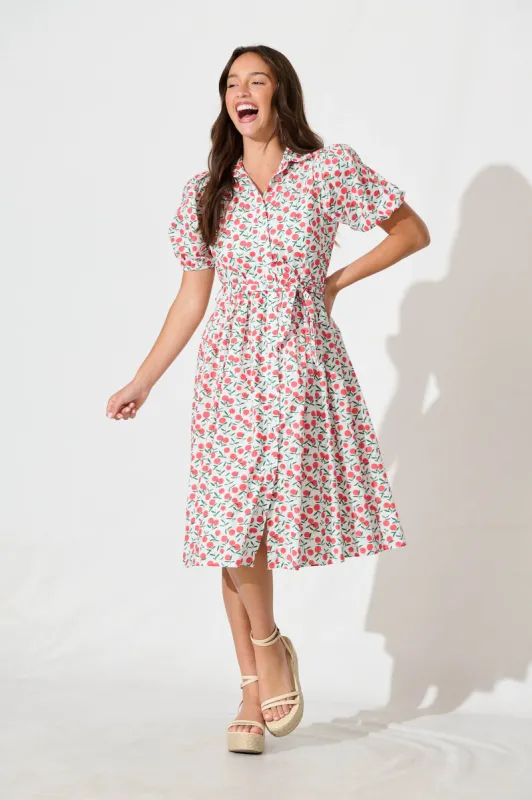 Delamere Midi Shirt Dress in White with Red Print Cotton sold by St Frock