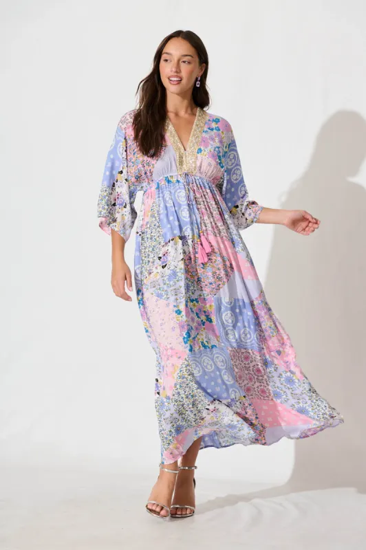 Janeve Maxi Dress in Pink with Blue Patchwork Print sold by St Frock