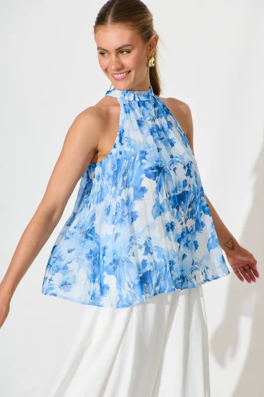 Roxie Top in White and Blue Floral Chiffon sold by St Frock