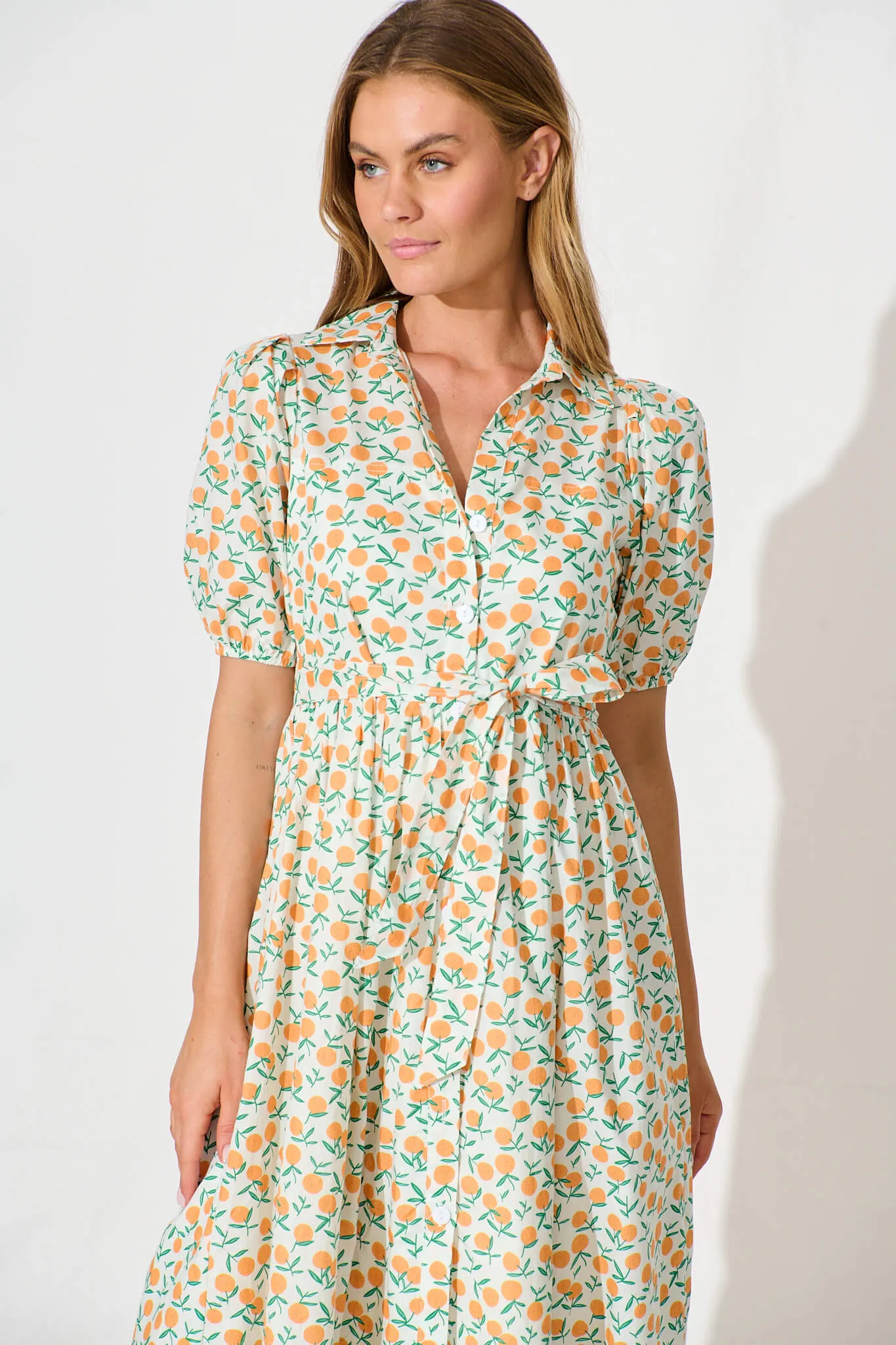 Delamere Midi Shirt Dress in White with Orange Print Cotton sold by St Frock product image thumbnail 2