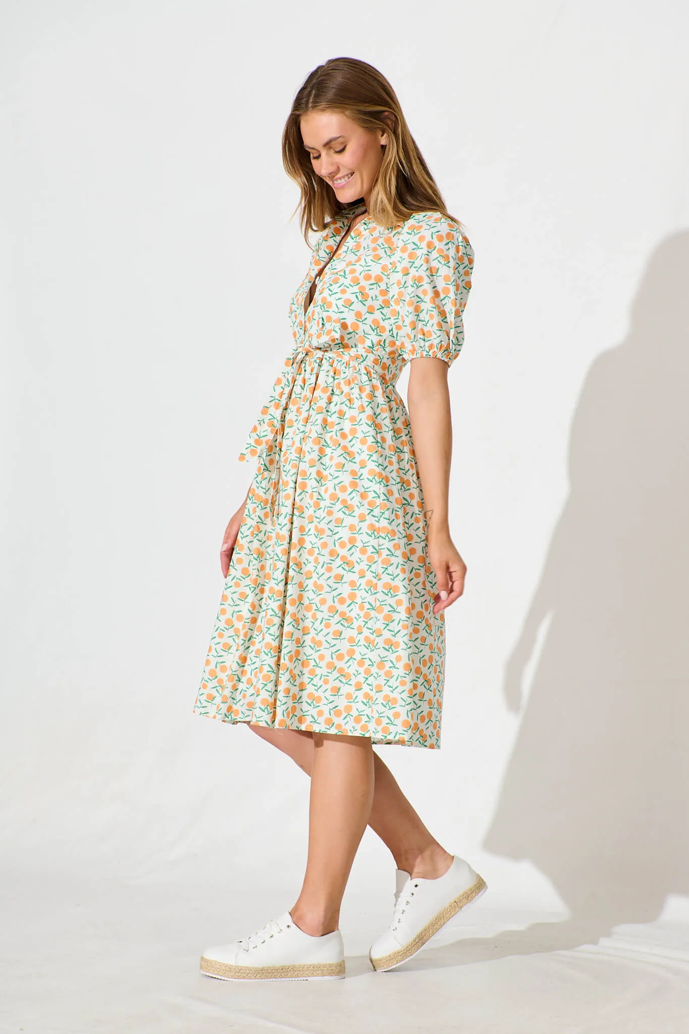 Delamere Midi Shirt Dress in White with Orange Print Cotton sold by St Frock product image thumbnail 3