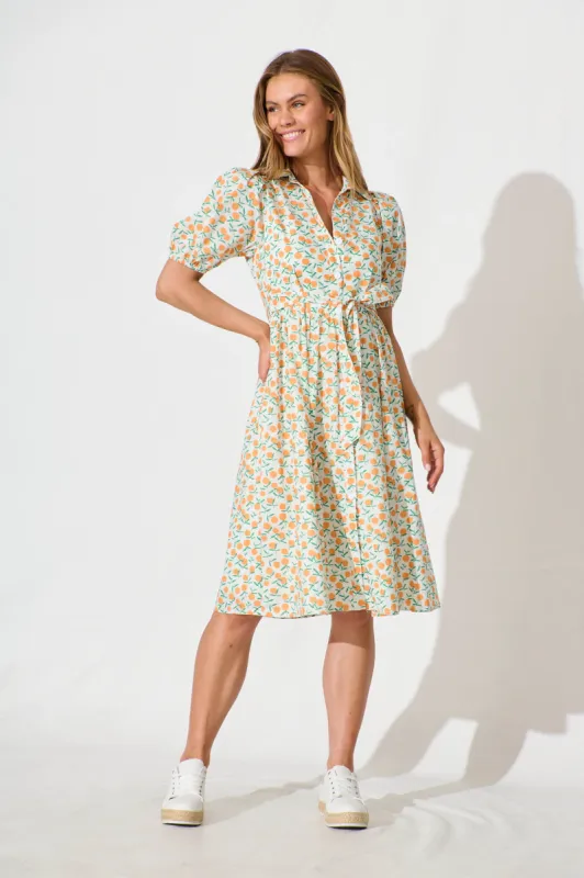 Delamere Midi Shirt Dress in White with Orange Print Cotton sold by St Frock