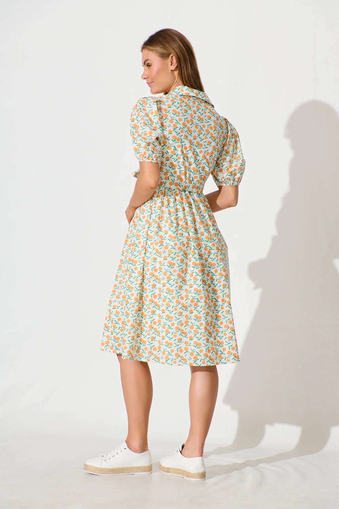 Delamere Midi Shirt Dress in White with Orange Print Cotton sold by St Frock product image thumbnail 4
