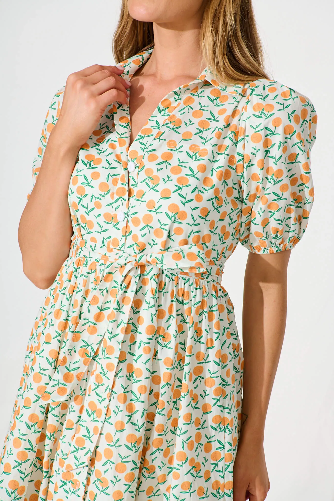 Delamere Midi Shirt Dress in White with Orange Print Cotton sold by St Frock product image thumbnail 5
