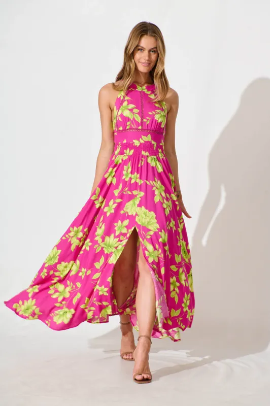 Arianne Maxi Dress in Pink with Green Floral sold by St Frock