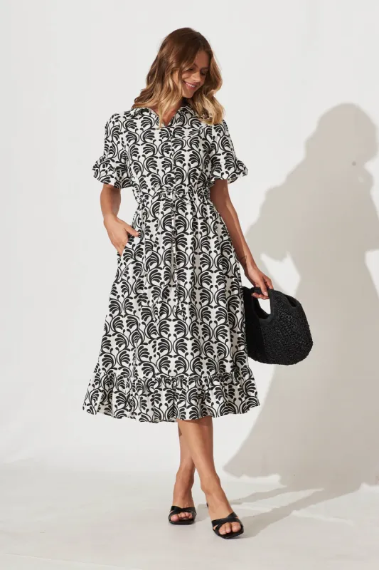 Aiken Midi Dress In Black With White Print Cotton sold by St Frock