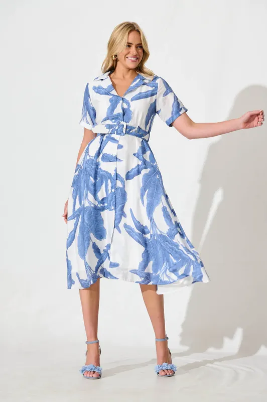 My Sweet Midi Shirt Dress In White With Blue Leaf Print sold by St Frock