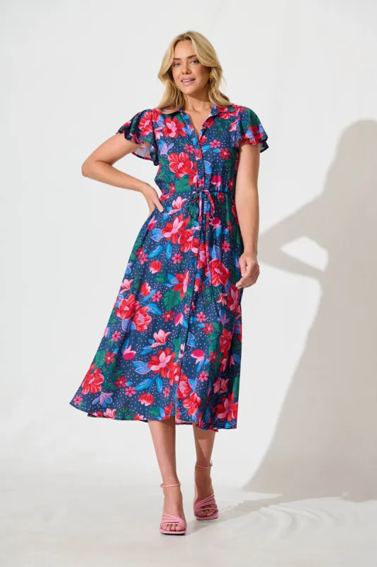 Sweet Lover Midi Dress in Navy with Red Floral sold by St Frock