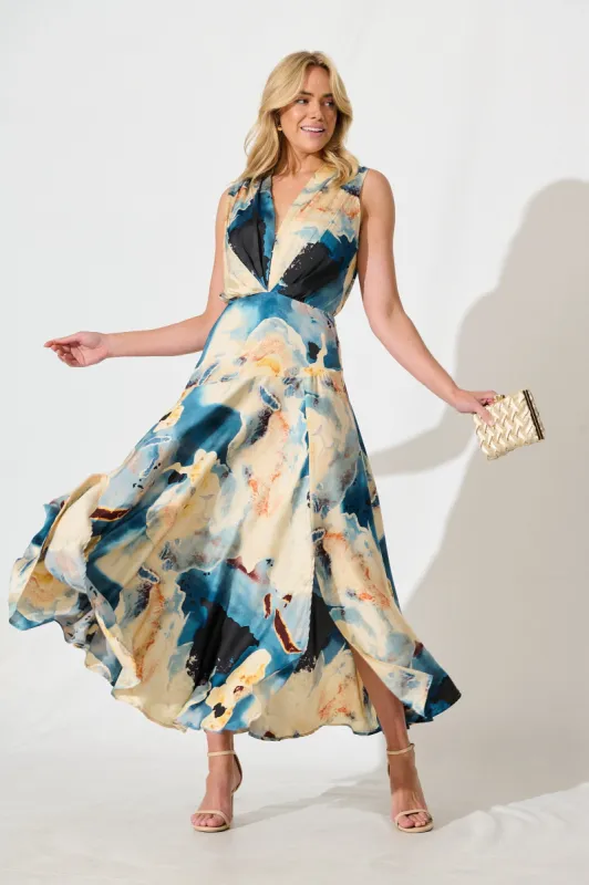 Jenibelle Maxi Dress in Blue And Cream Watercolour Satin sold by St Frock