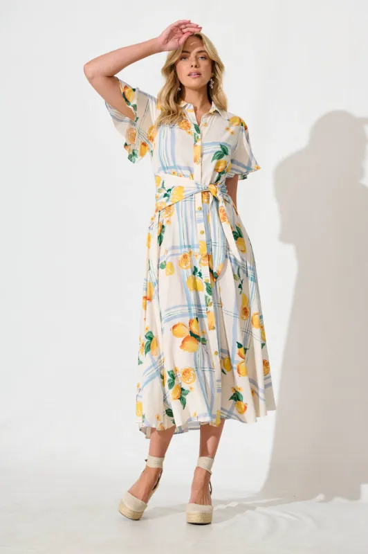 Bellarosa Maxi Shirt Dress in Ivory with Lemon and Blue Print sold by St Frock