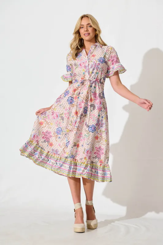 Aiken Midi Dress in Multi Floral Cotton sold by St Frock