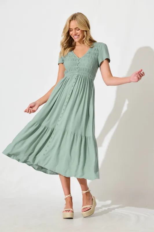 Zenith Midi Dress in Sage Green Linen Bend sold by St Frock