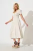 Zenith Midi Dress in Oatmeal Linen Blend sold by St Frock