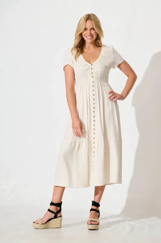 Zenith Midi Dress in Oatmeal Linen Blend sold by St Frock