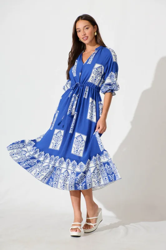 Lanai Midi Dress in Cobalt with White Print Cotton Blend sold by St Frock