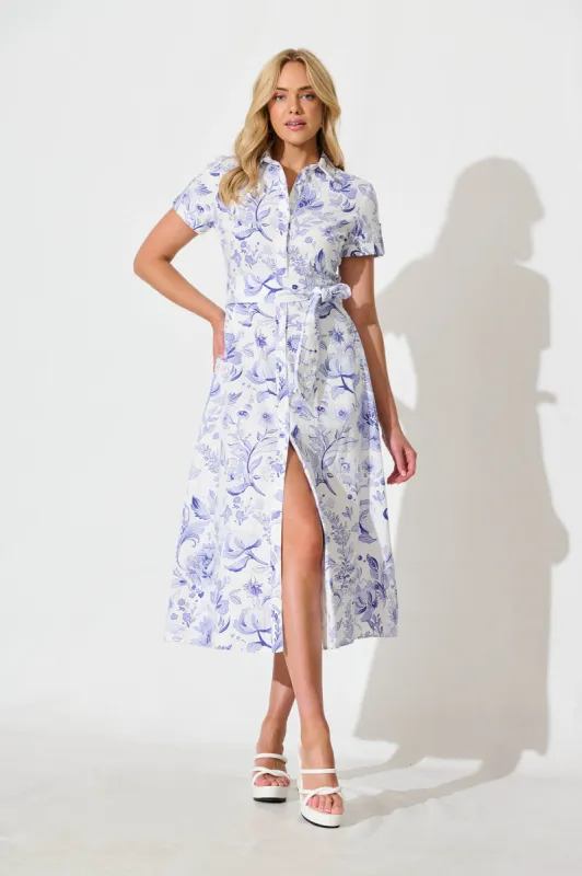 Delphi Midi Shirt Dress in White with Blue Floral Cotton sold by St Frock