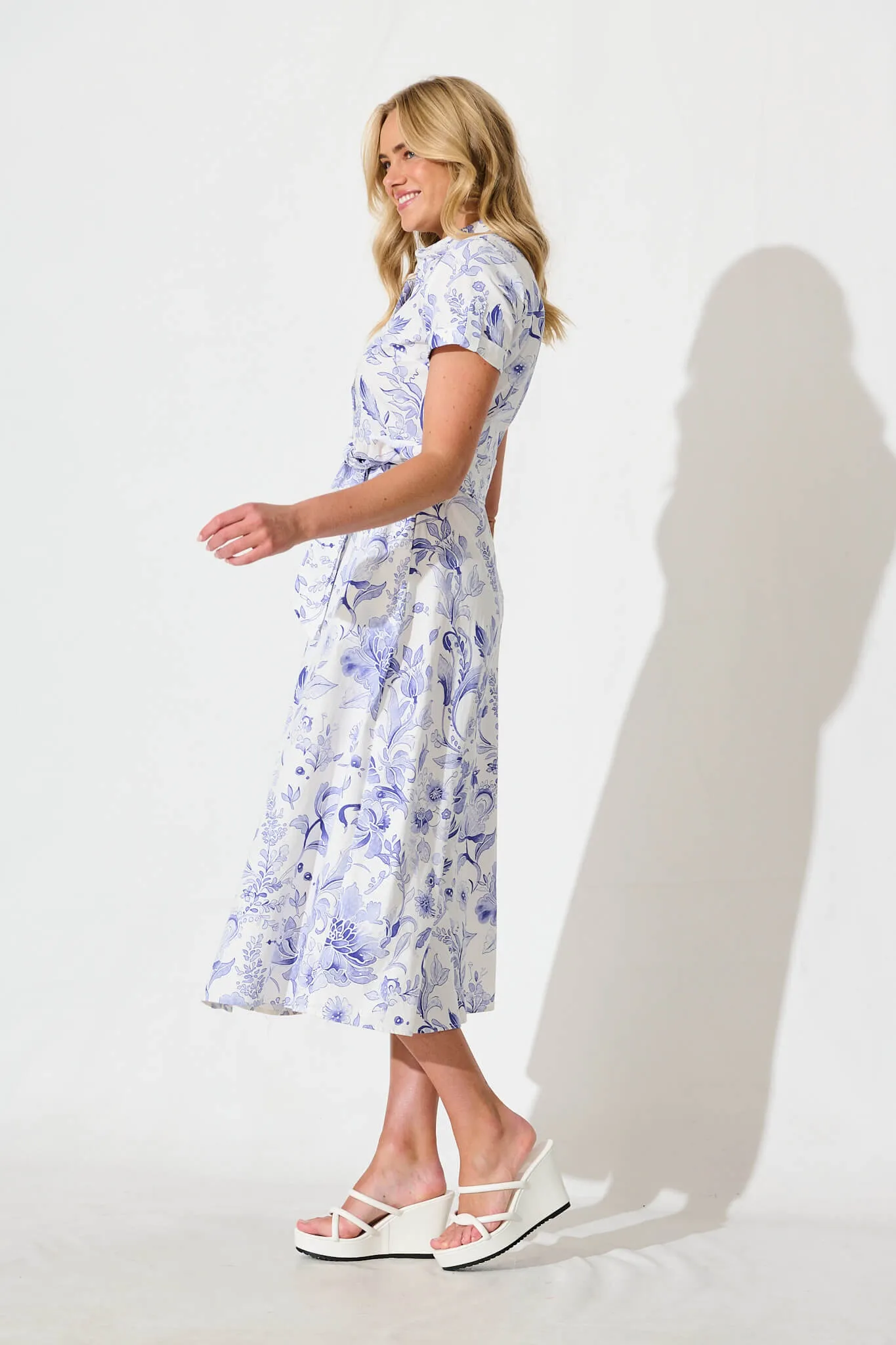 Delphi Midi Shirt Dress in White with Blue Floral Cotton sold by St Frock product image thumbnail 3