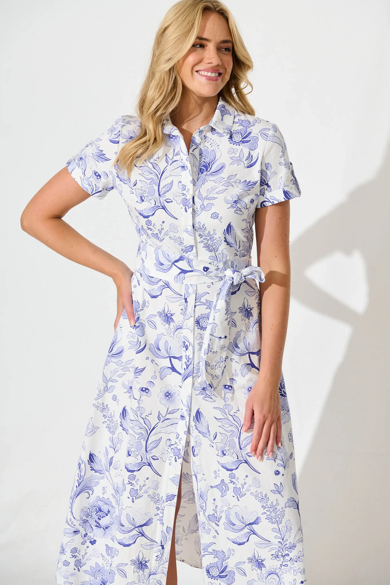 Delphi Midi Shirt Dress in White with Blue Floral Cotton sold by St Frock product image thumbnail 2