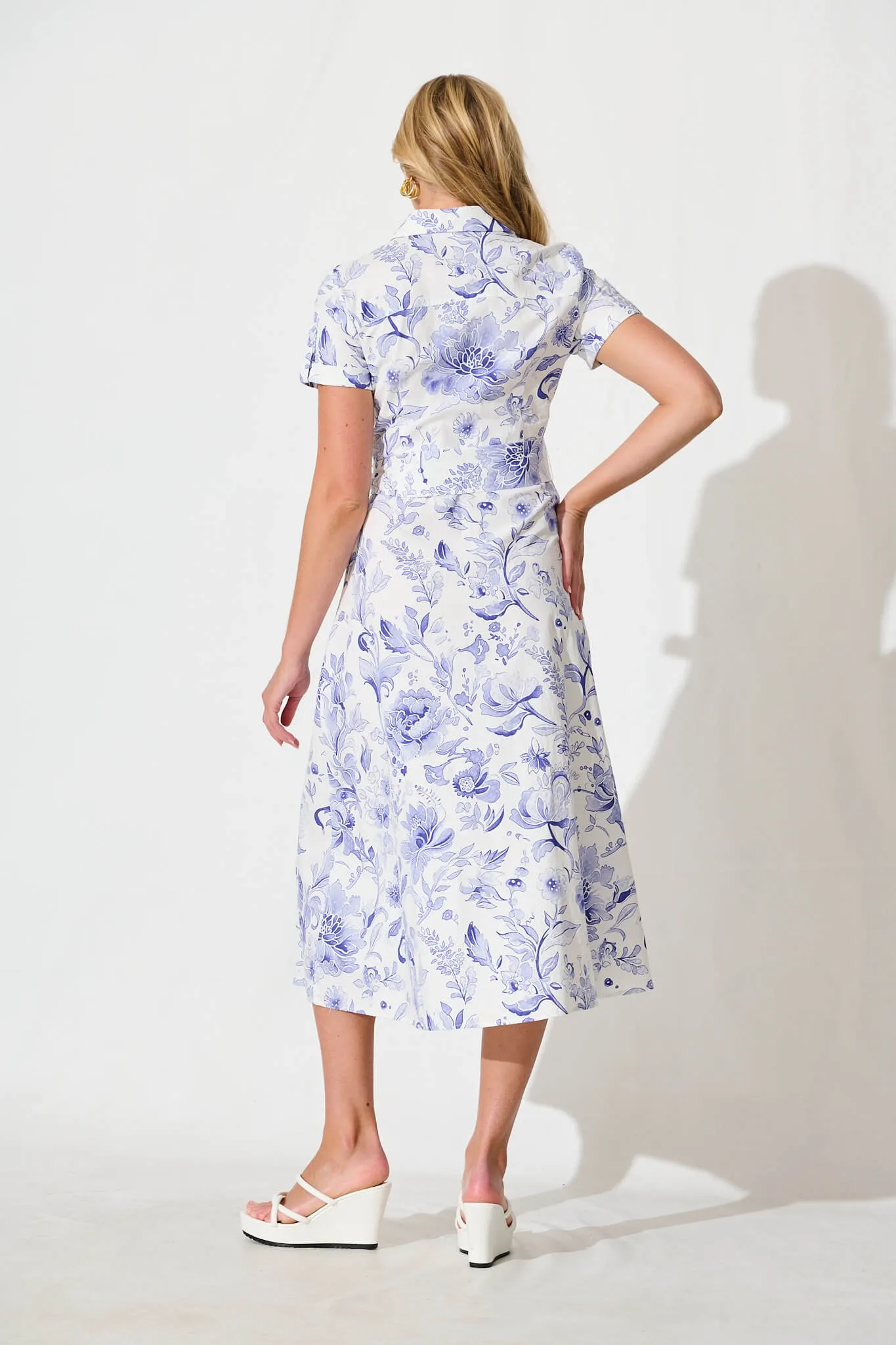 Delphi Midi Shirt Dress in White with Blue Floral Cotton sold by St Frock product image thumbnail 4