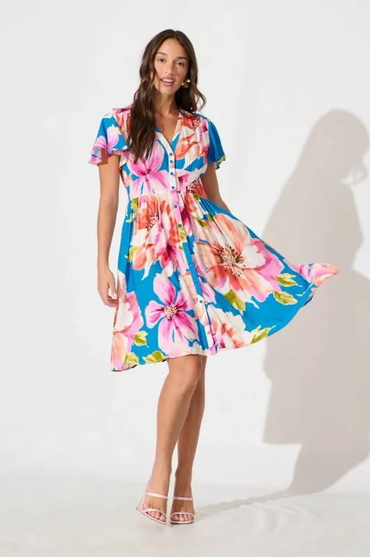 Deison Smock Dress in Blue with Pink Floral sold by St Frock