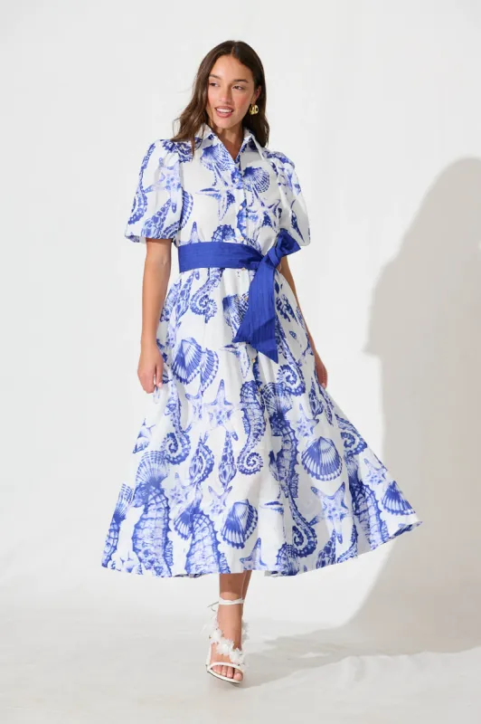 Cacia Maxi Shirt Dress In White With Blue Print Linen Blend sold by St Frock