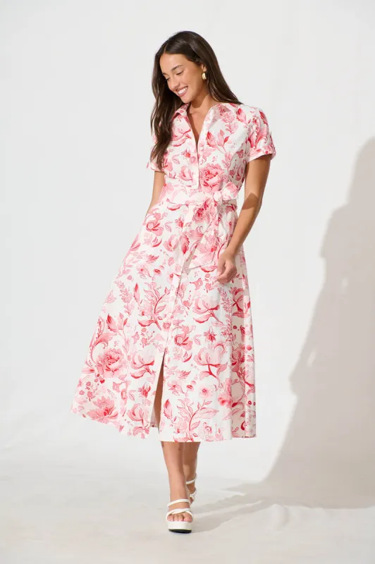 Delphi Midi Shirt Dress in White with Red Floral Cotton sold by St Frock