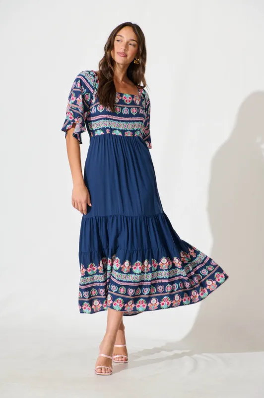 Lauriette Midi Dress in Cobalt with Multi Print sold by St Frock