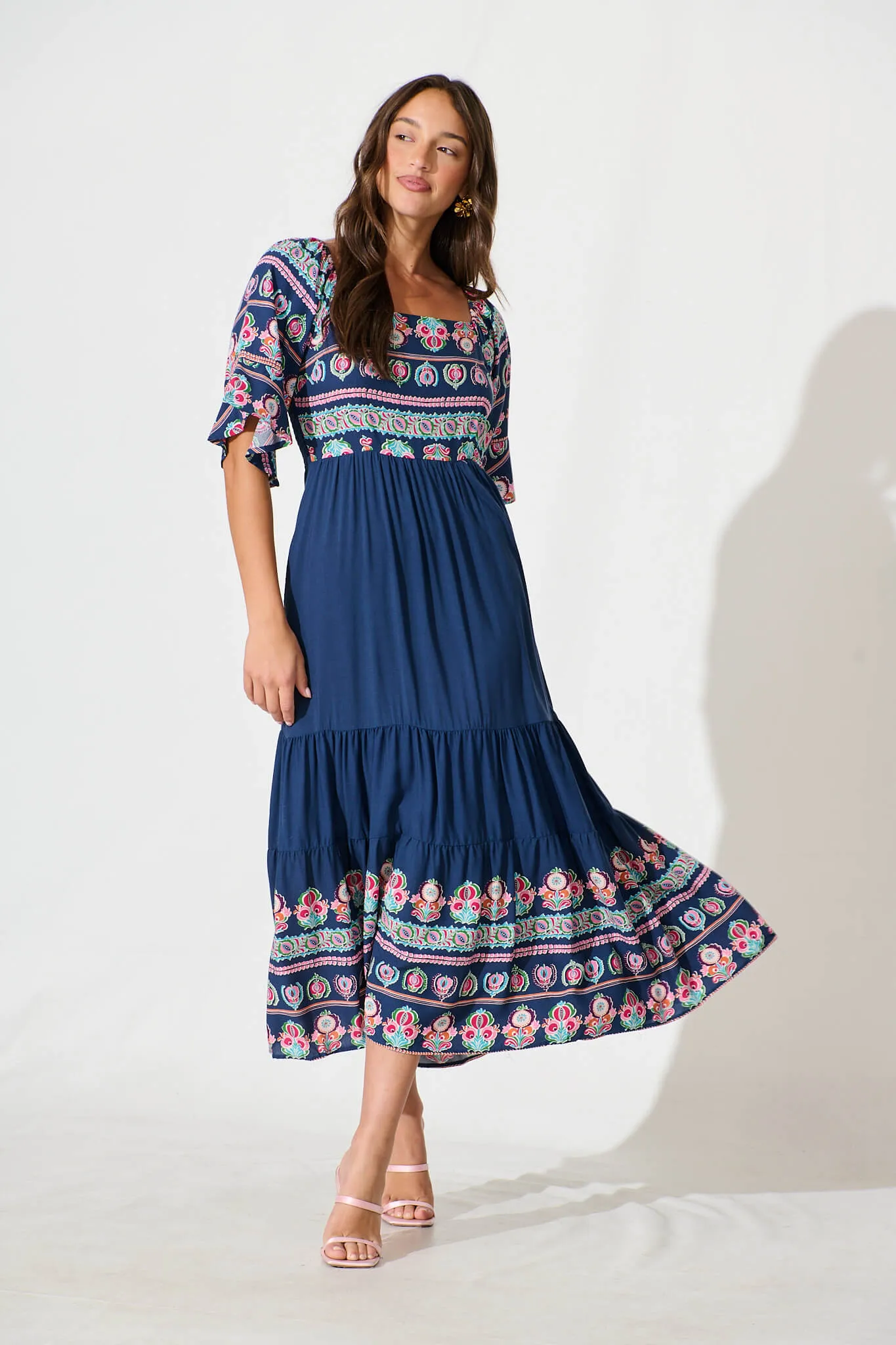 Lauriette Midi Dress in Cobalt with Multi Print sold by St Frock