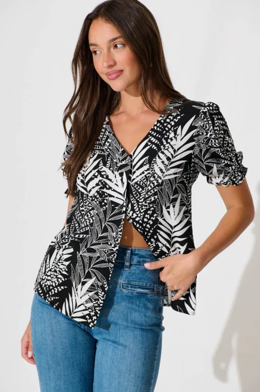 Tessy Top in Black with White Leaf sold by St Frock