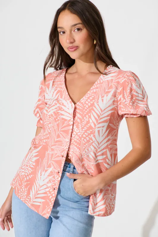 Tessy Top in Peach with White Leaf sold by St Frock