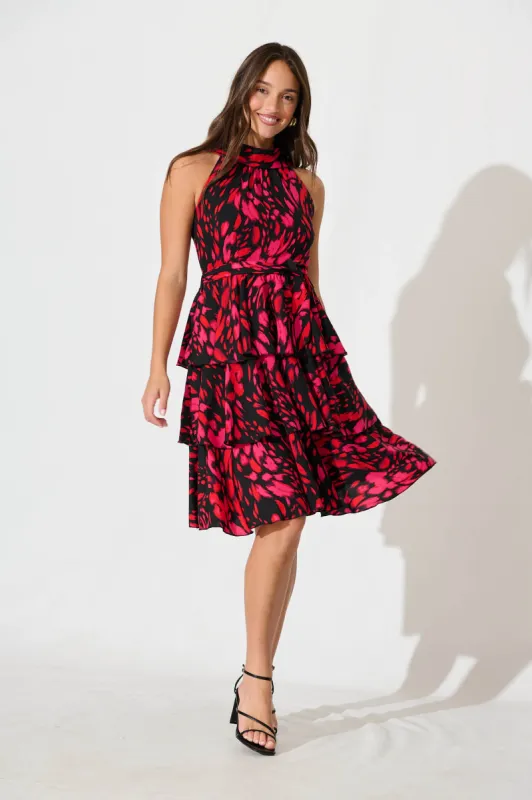 Mariabella Halter Neck Midi Dress in Black with Hot Pink sold by St Frock