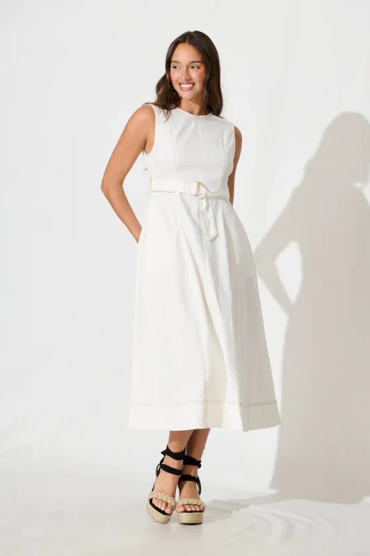 Doris Midi Dress In White Cotton sold by St Frock