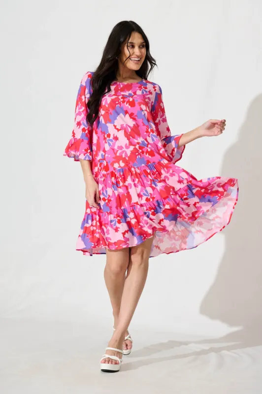 Eva Smock Dress in Pink and Purple Floral sold by St Frock