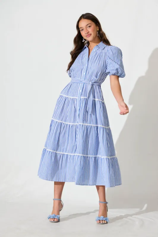 Riverina Midi Shirt Dress in Blue with White Stripe Cotton sold by St Frock