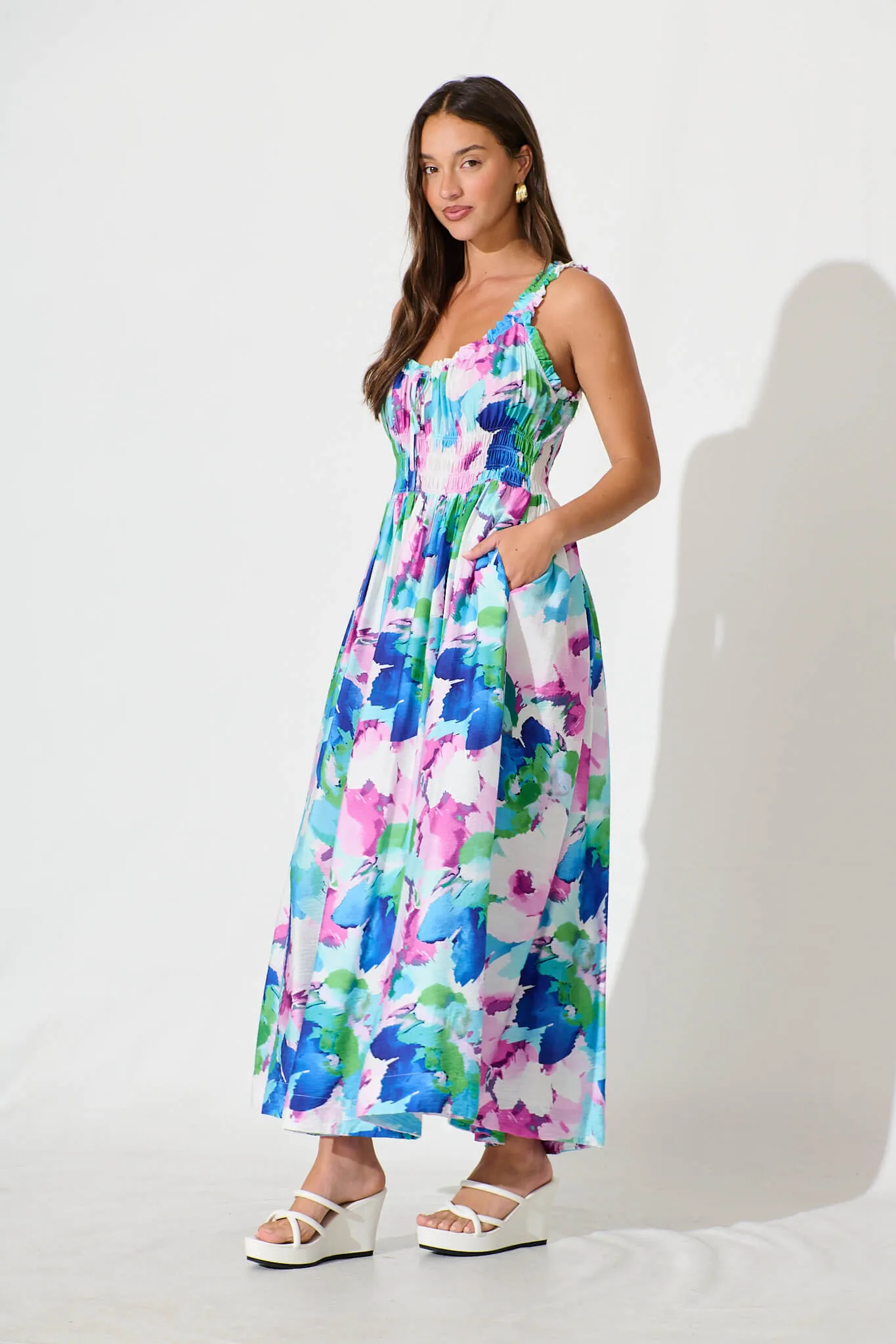Valentina Maxi Sundress In White With Blue Multi Floral sold by St Frock product image thumbnail 3
