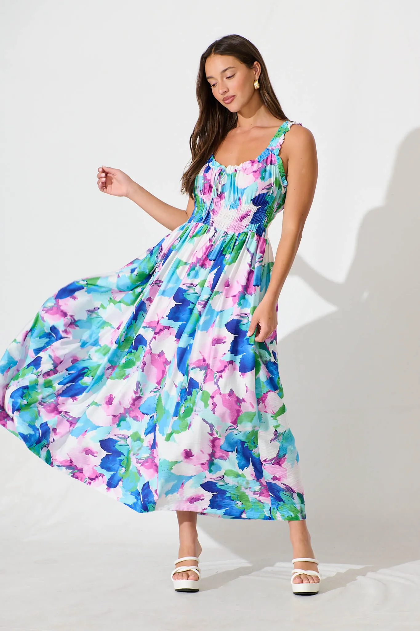 Valentina Maxi Sundress In White With Blue Multi Floral sold by St Frock
