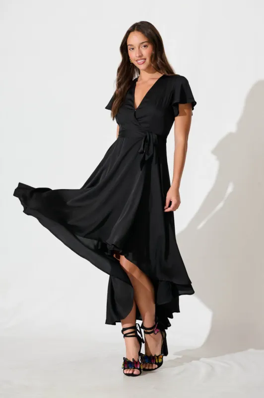 Loulou Maxi Dress In Black Satin sold by St Frock