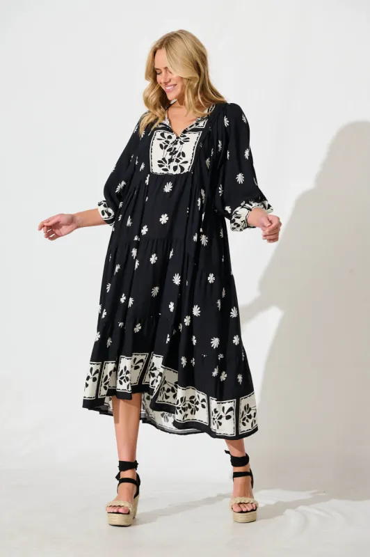 Barrymore Midi Smock Dress in Black with Cream Print sold by St Frock