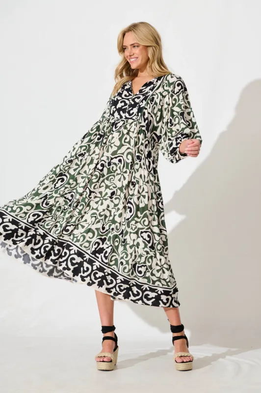 Barrymore Midi Smock Dress in Black and Green Print sold by St Frock