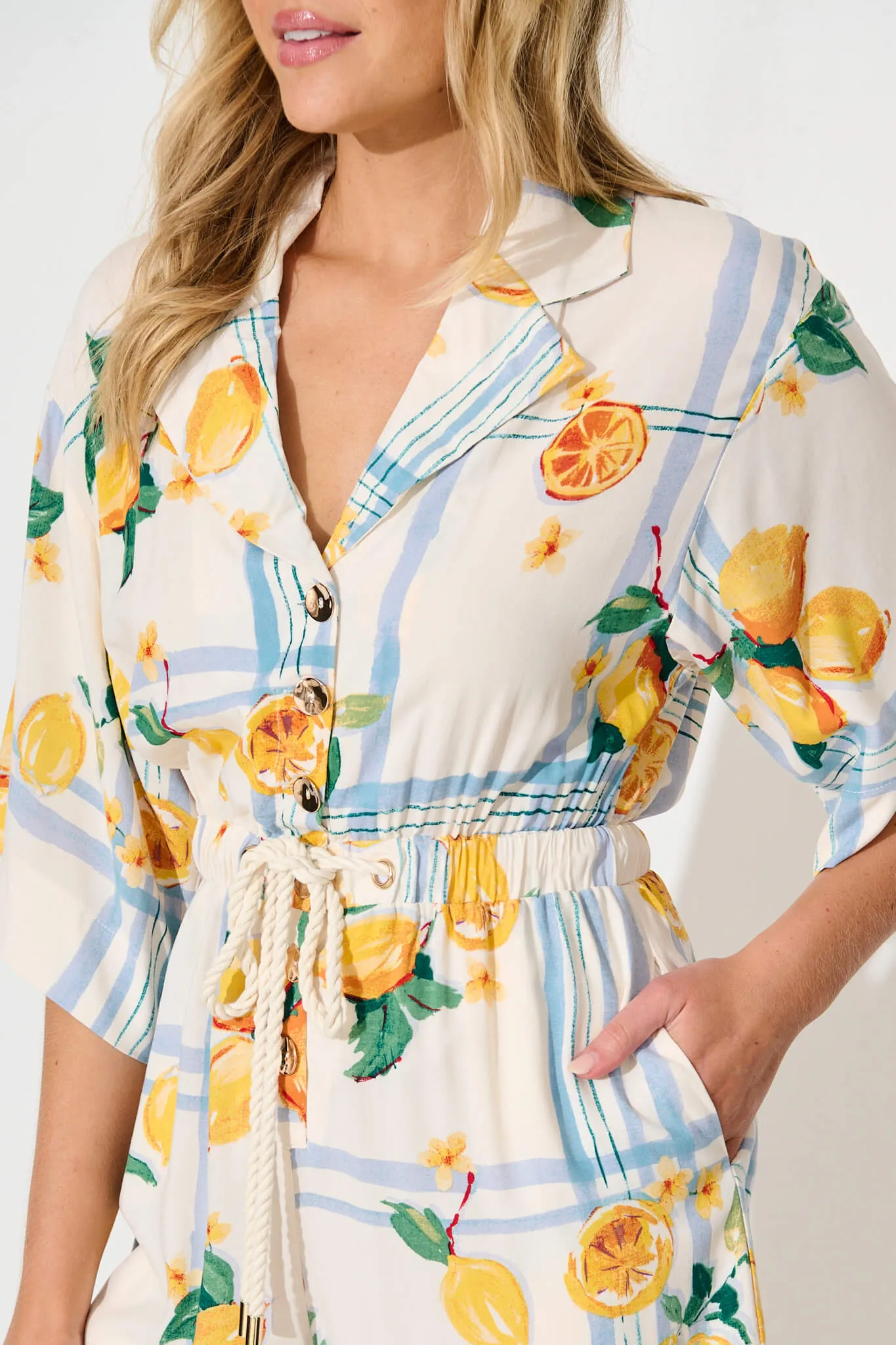 Maui Playsuit in Ivory with Lemon and Blue Print sold by St Frock product image thumbnail 5